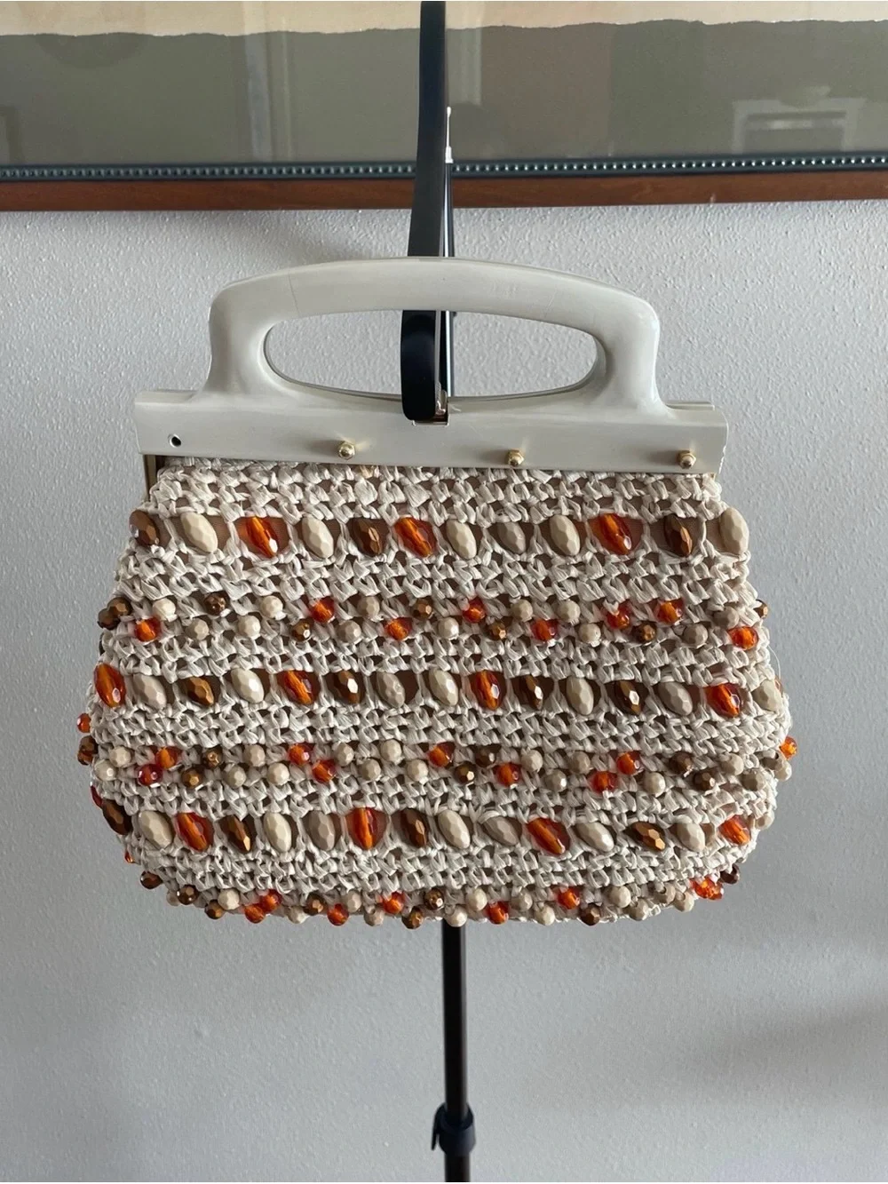 1960’s-1970’s Vintage Dena of Dallas white,  brown, and orange beaded purse.